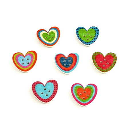 Heart wooden button, flat with print 19x20x3 mm hole 2 mm - 10 pieces