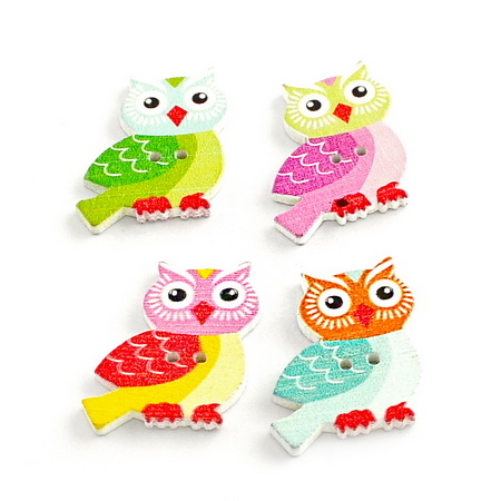 Owl wooden button, flat with print 27x23x2 mm hole 2 mm - 10 pieces