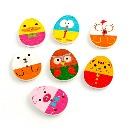 Bright Wooden Egg Button / Cute Animals Prints, 31x23x3 mm, Hole: 2 mm, MIX -10 pieces