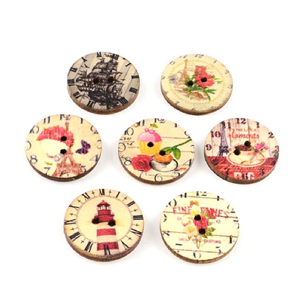 Round wooden flat button with print  25x3 mm hole 2 mm - 10 pieces