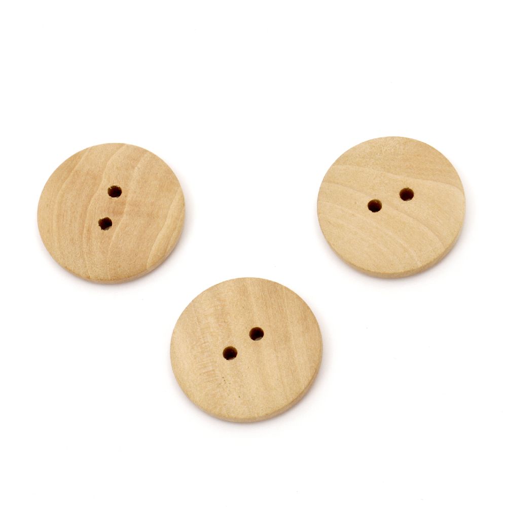 Round wooden flat button 30x5 mm hole 3 mm wood color - 5 pieces
