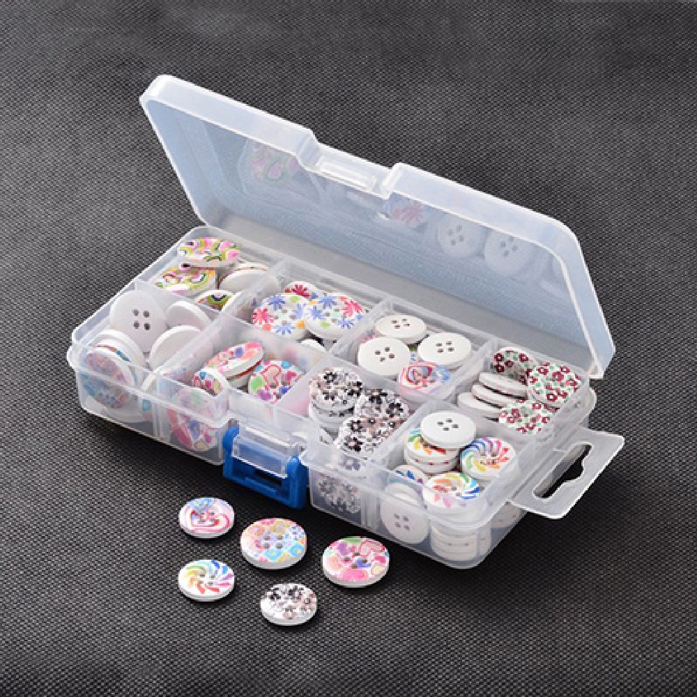 Set of Round Wooden Buttons with Prints, 15 ~ 18x3 ~ 4 mm, Hole: 1.5 ~ 2 mm, 8 types x 20 pieces in a Box