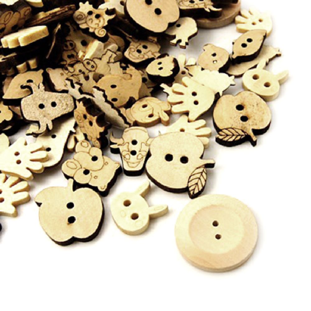 Wooden button 13~28x10~28x2~5 mm hole 1.5~2 mm Assorted shapes -10 pieces