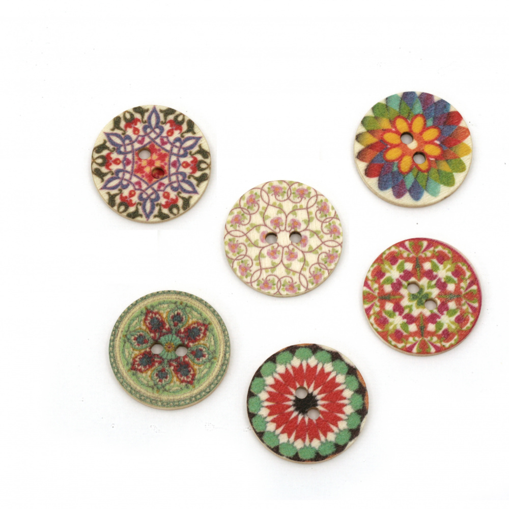 Round Wooden Buttons with Mandala Prints, 25x2.5 mm, Hole: 2 mm, MIX -10 pieces