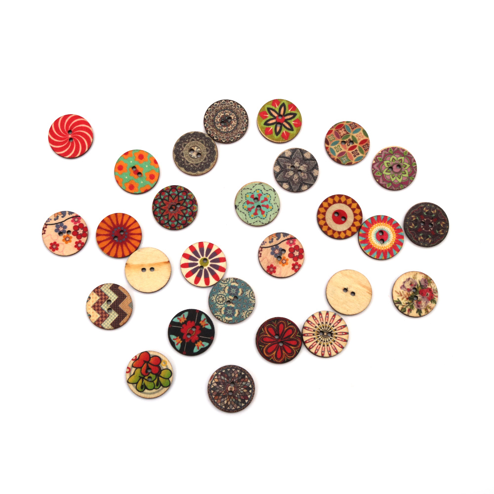 Round Wooden Buttons with Mandala Prints, 25x2.5 mm, Hole: 2 mm, MIX -10 pieces