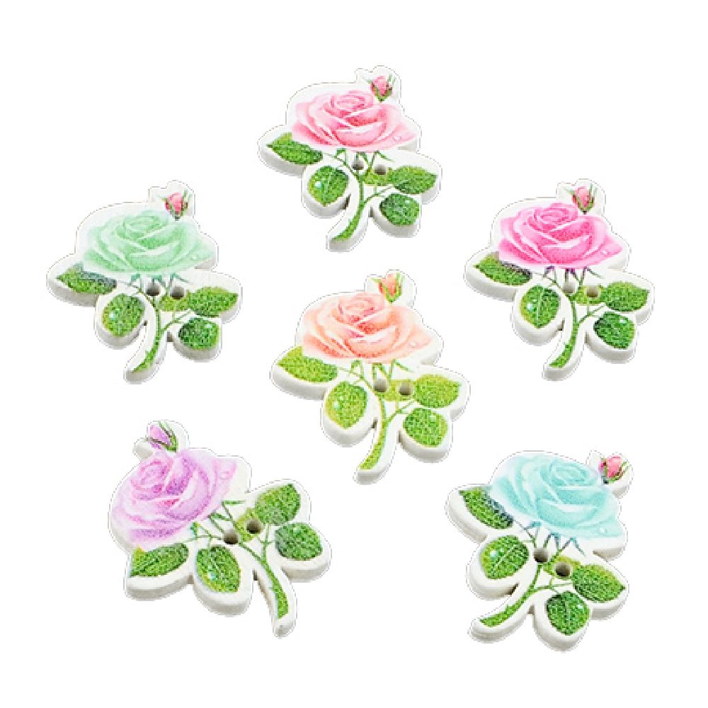 Rose wooden button, flat with print 30x23x3 mm hole 2 mm mix - 10 pieces