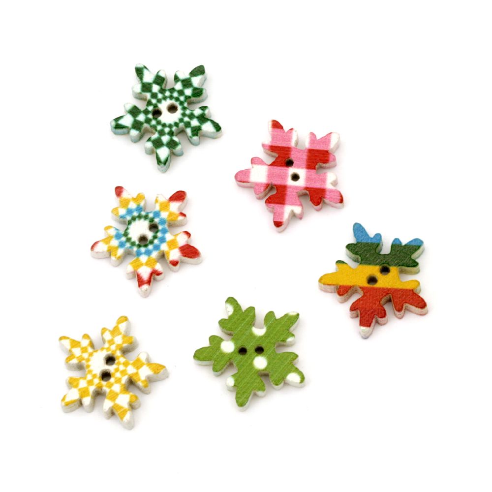 Snowflake shaped wooden button, flat with print 17x18x3.5 mm hole 1.5 mm mix - 10 pieces