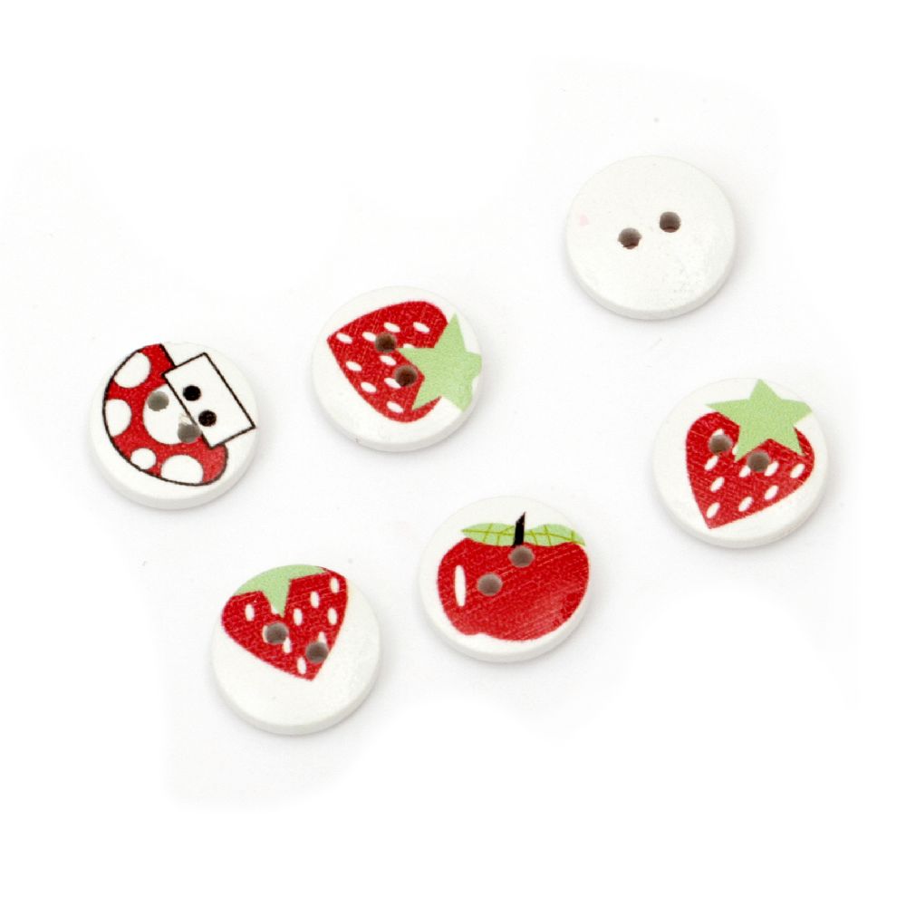 Round wooden button, flat with print 15x4 mm hole 2 mm mix white - 10 pieces