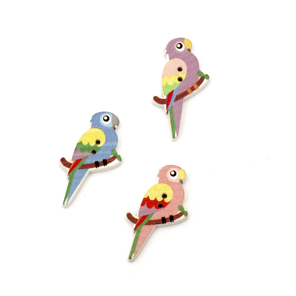 Parrot wooden button, flat with print 35x20x4 mm hole 1.5 mm mix - 10 pieces