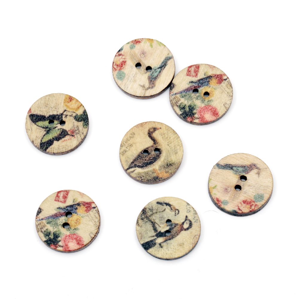Round Wooden Buttons with Print, 20x3 mm, Hole: 2 mm, MIX -10 pieces