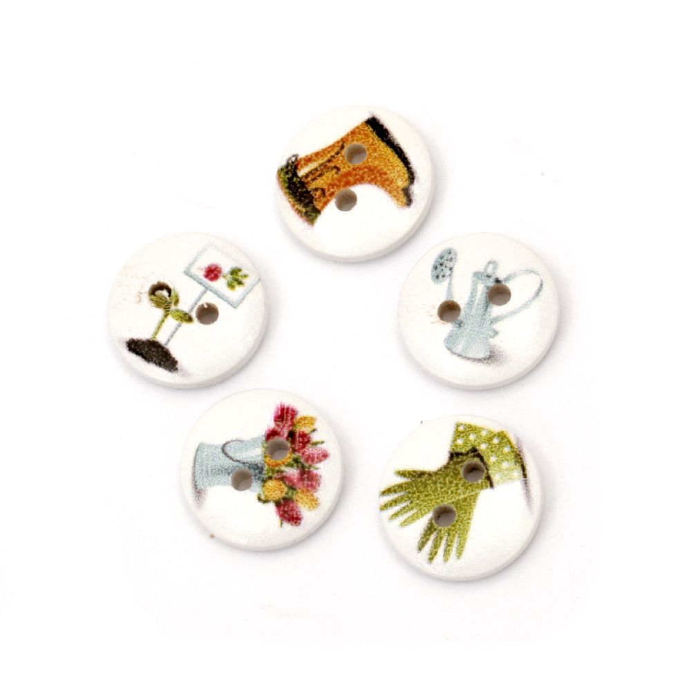 Round Wooden Buttons with Print, 15x4 mm, Hole: 2 mm, White -20 pieces