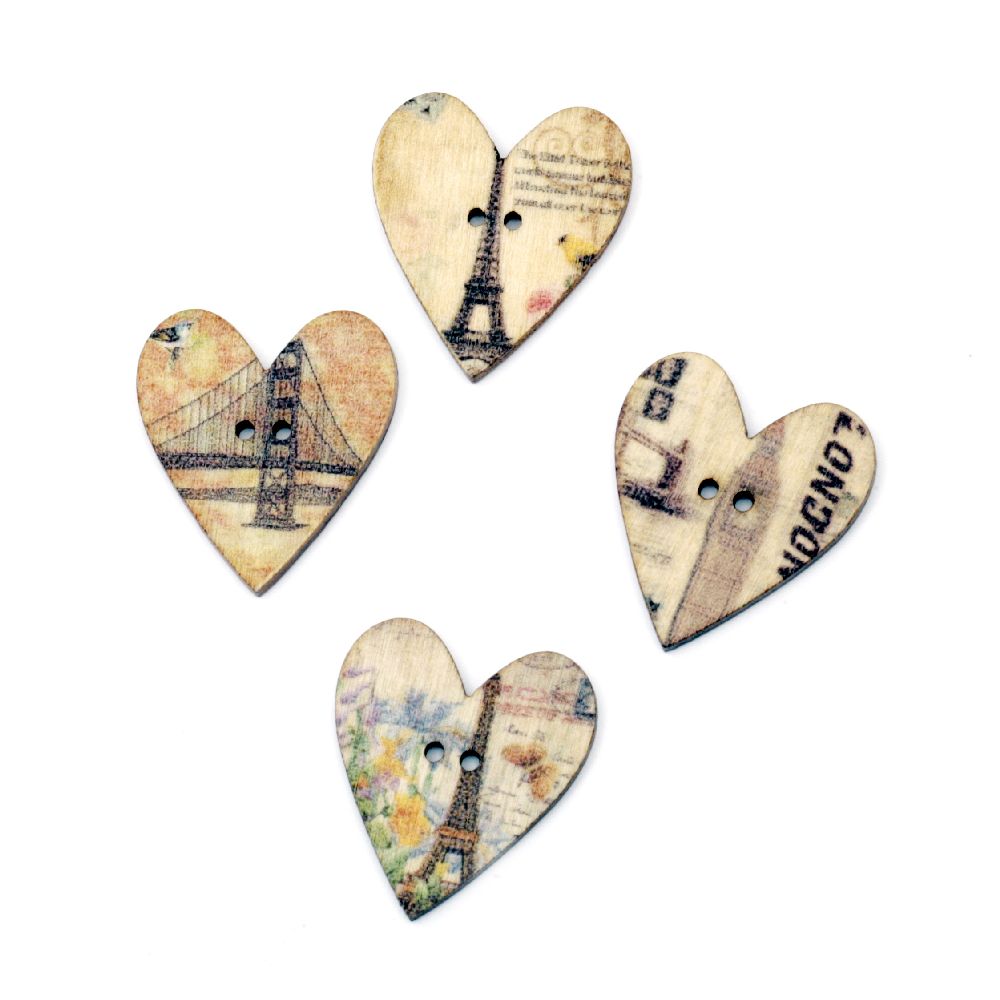 Heart wooden button, flat with print 28x25x3 mm hole 2 mm mix - 10 pieces