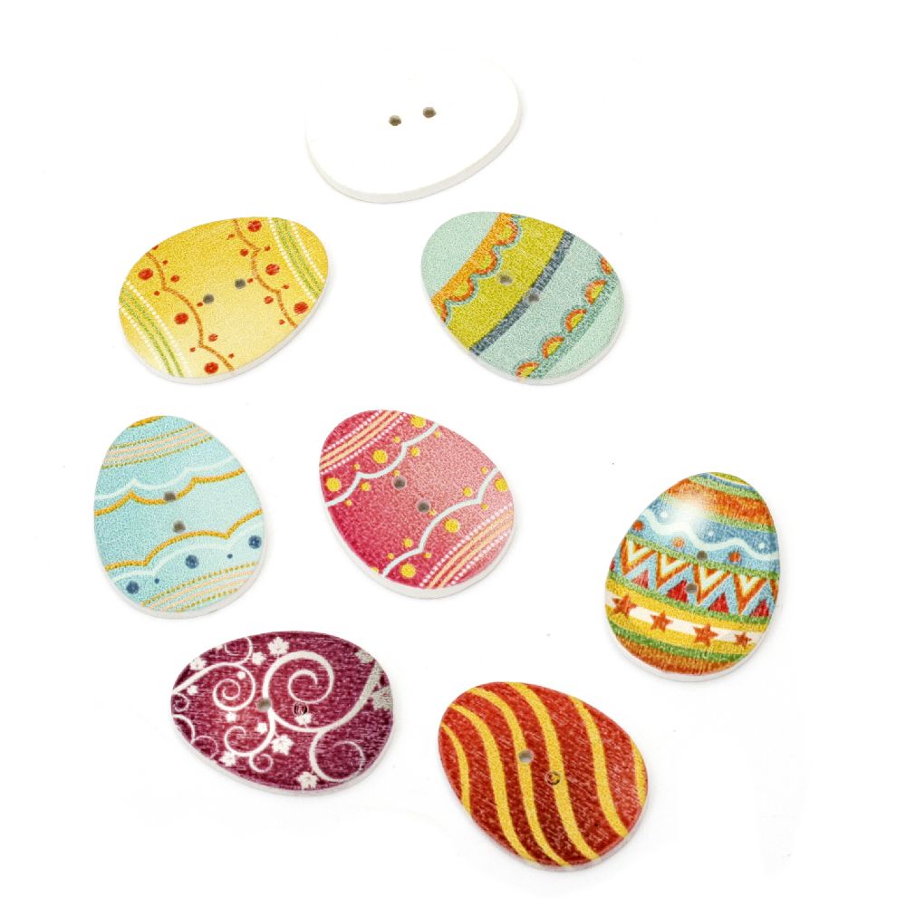 Egg wooden button, flat with print 30x24x3 mm hole 1 mm mix - 10 pieces