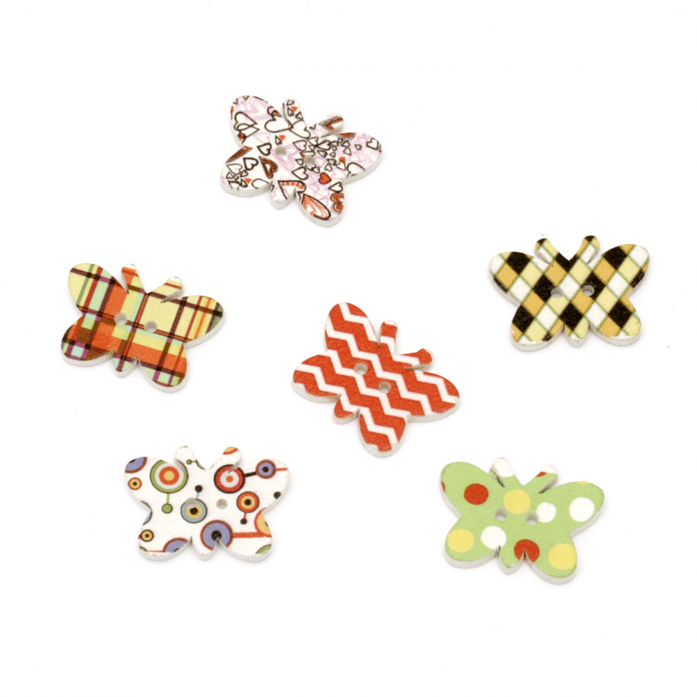 Butterfly shaped wooden button, flat with print  28.5x21x3 mm hole 1.5 mm mix - 10 pieces