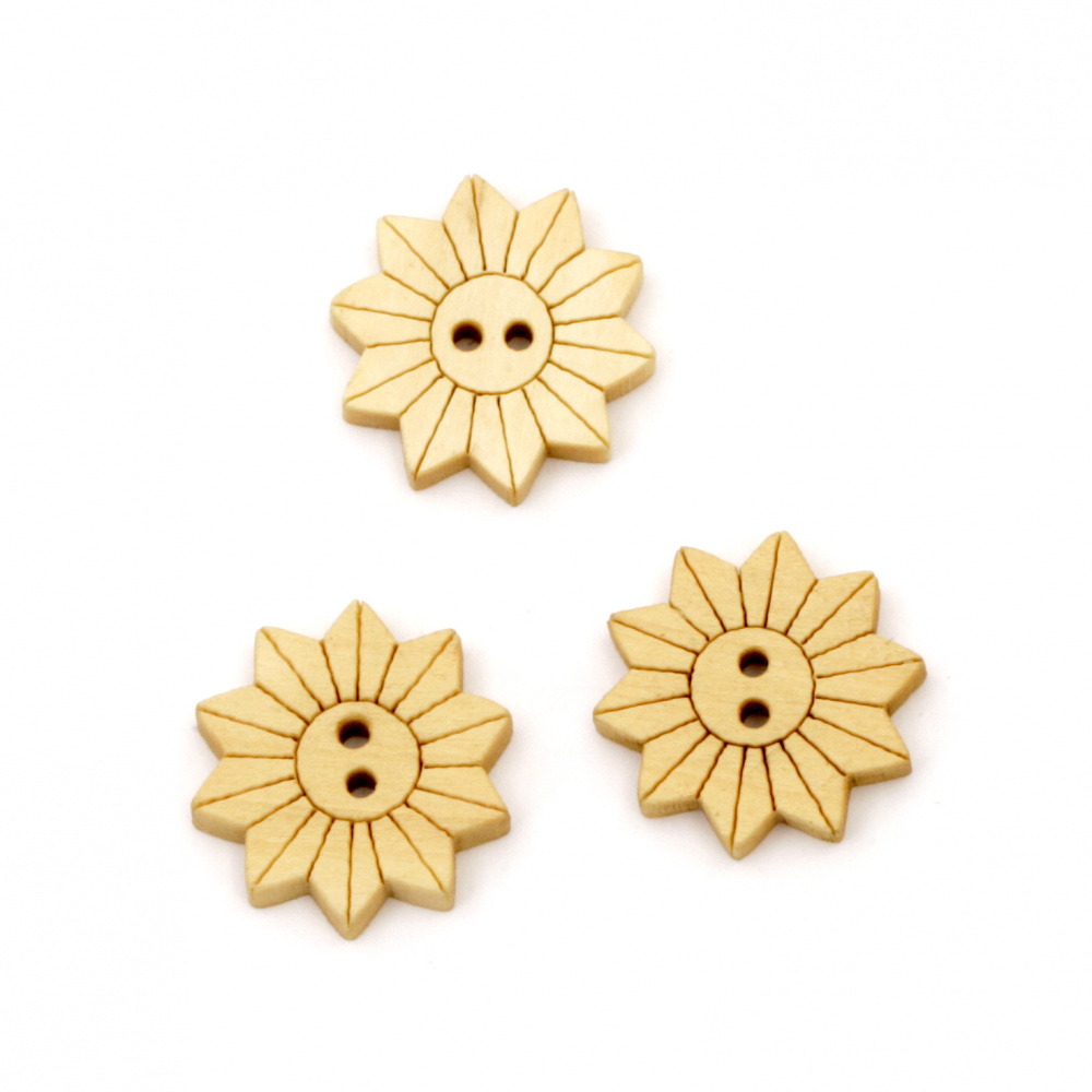 Sunflower shaped wooden button 17x18x3 mm hole 2 mm - 10 pieces