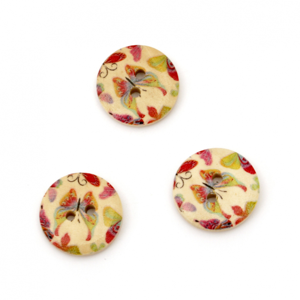 Round wooden button, flat with print 18x5 mm hole 2 mm mix - 5 pieces