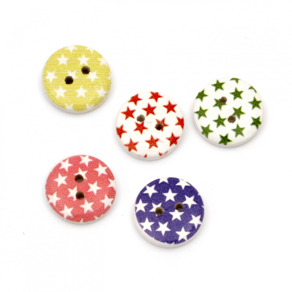 Round wooden button, flat with print 15x4 mm hole 1 mm mix - 20 pieces