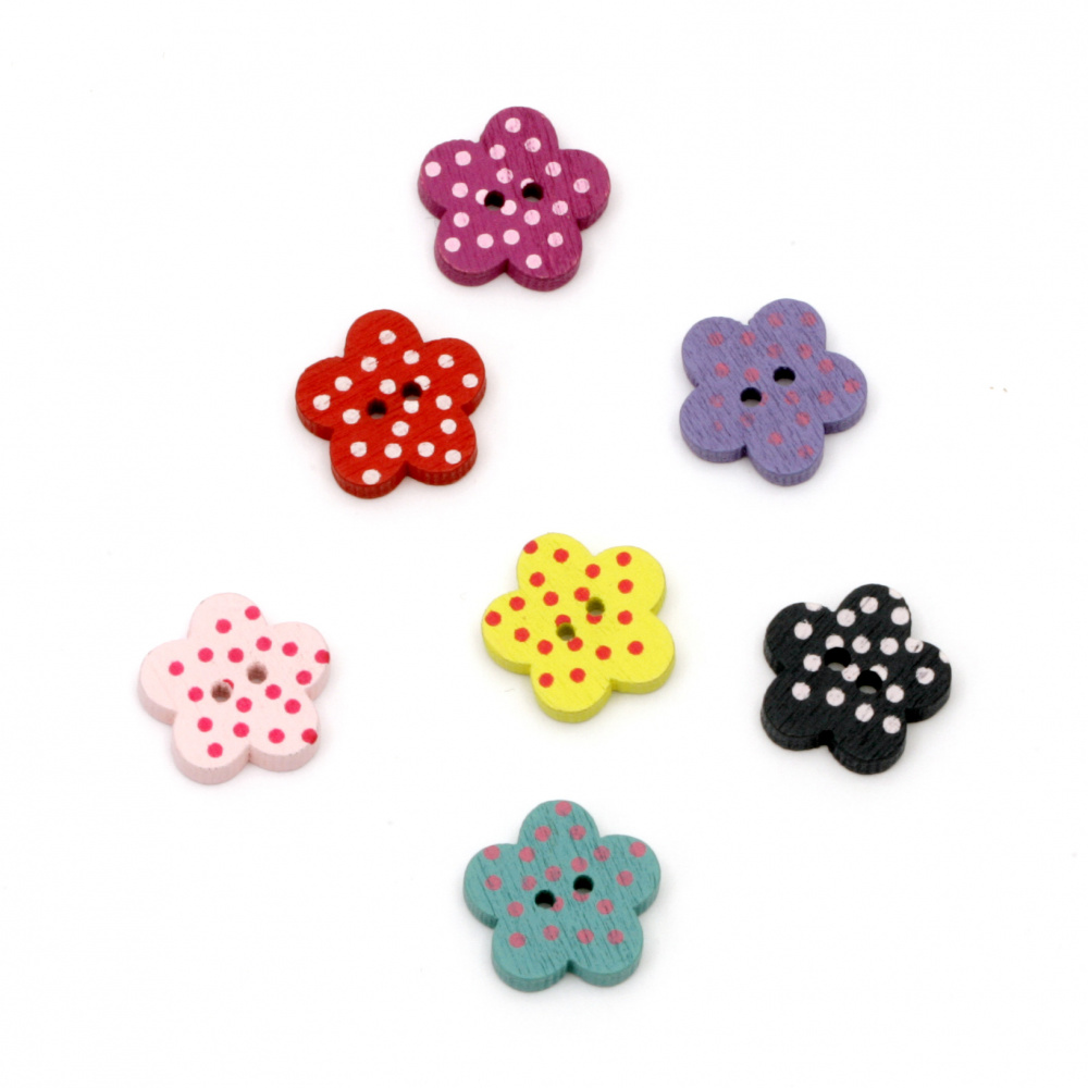 Flower shaped wooden button 15x15x3 mm hole 1 mm mix - 20 pieces