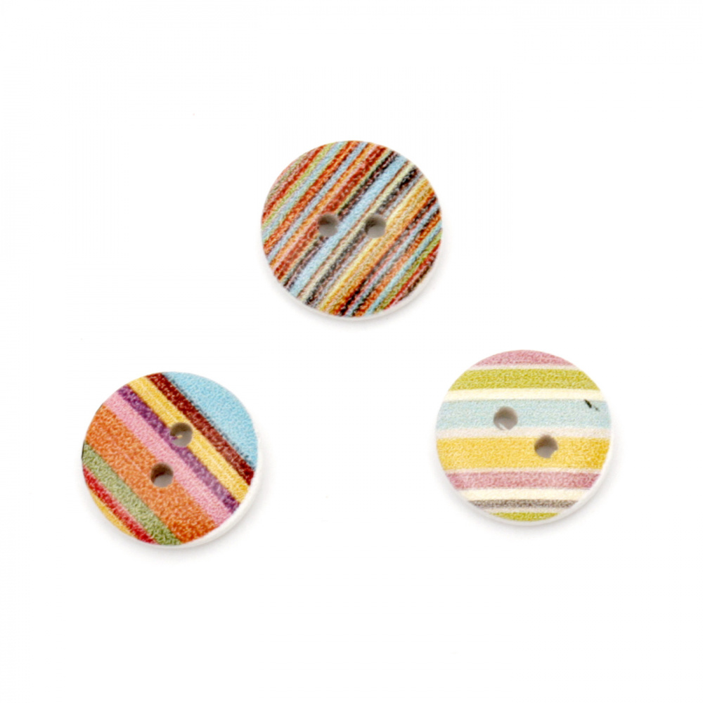 Round wooden button, flat with print 15x3 mm hole 2 mm mix - 20 pieces
