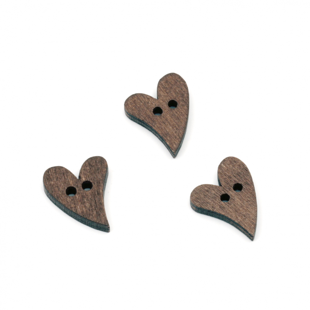 Heart wooden button 20x16x5 mm hole 2 mm - 20 pieces