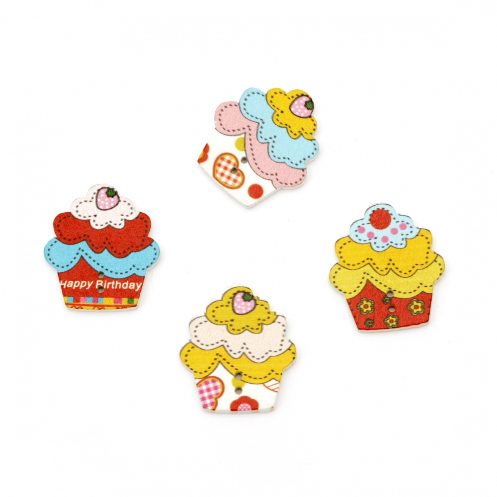 Cupcake wooden button, flat with print 25x22x2.5 mm hole 1.5 mm mix - 10 pieces
