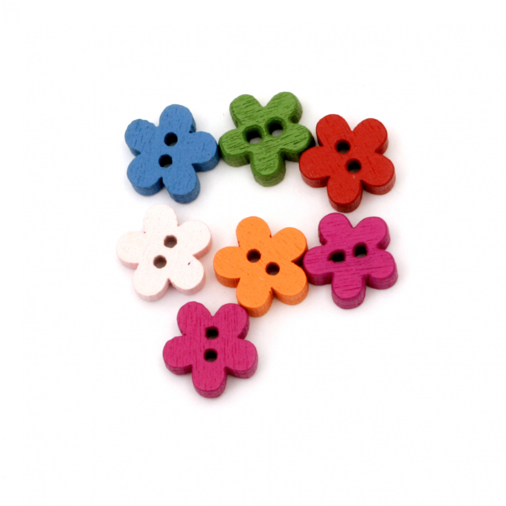 Flower shaped wooden button 12x12x3.5 mm hole 2 mm mix - 20 pieces