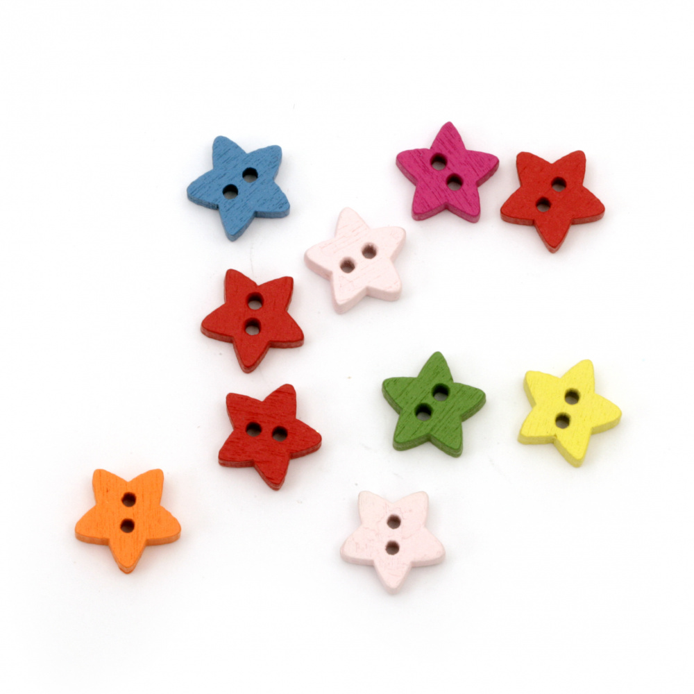 Bright Wooden Star-shaped Button, 12x13x4 mm, Hole: 2 mm, MIX -20 pieces