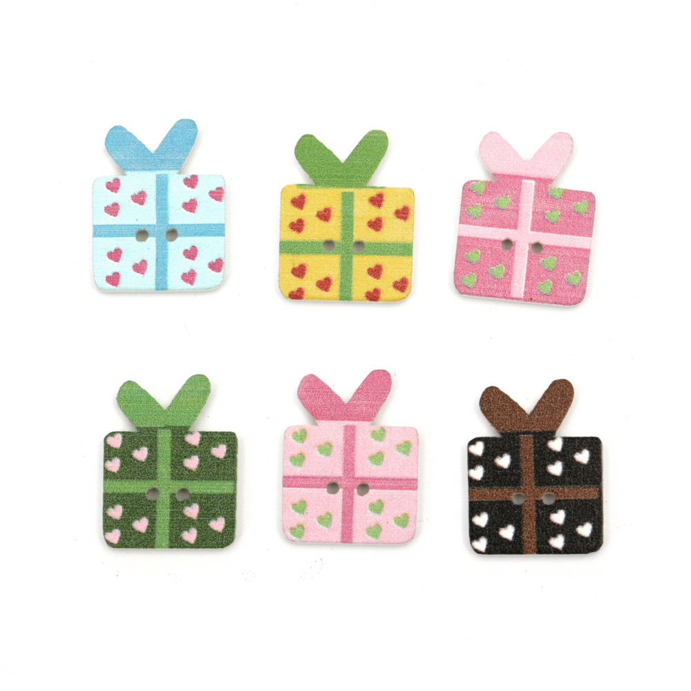 Gift shaped wooden button, flat with print 29x22x3 mm hole 1.5 mm mix - 10 pieces