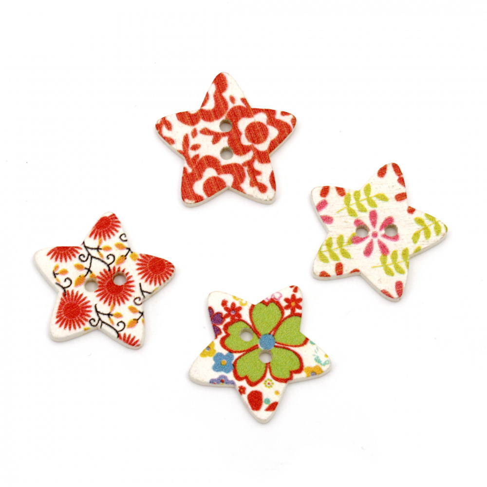 Star wooden flat button with print 24x25x3 mm hole 2.5 mm mix - 10 pieces