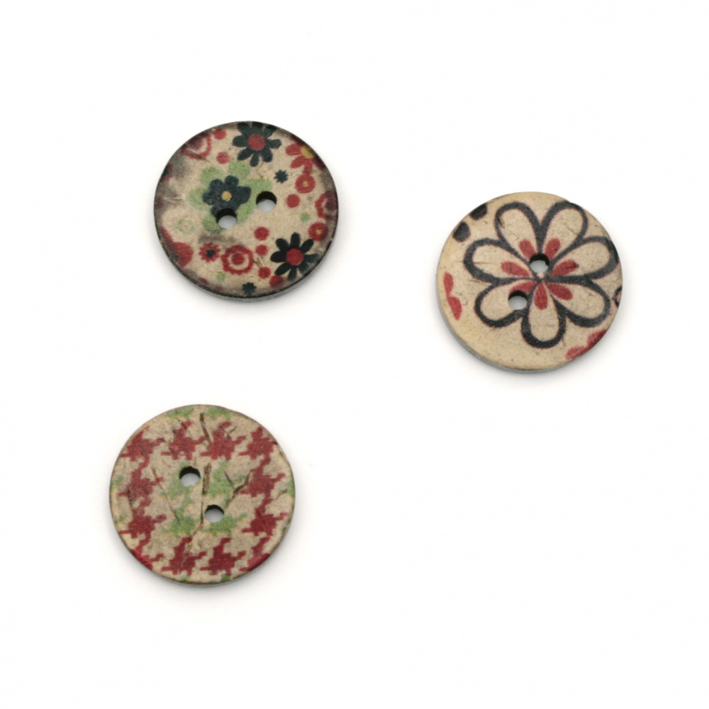 Coconut round button, flat with print 20x3 mm hole 2 mm mix - 10 pieces