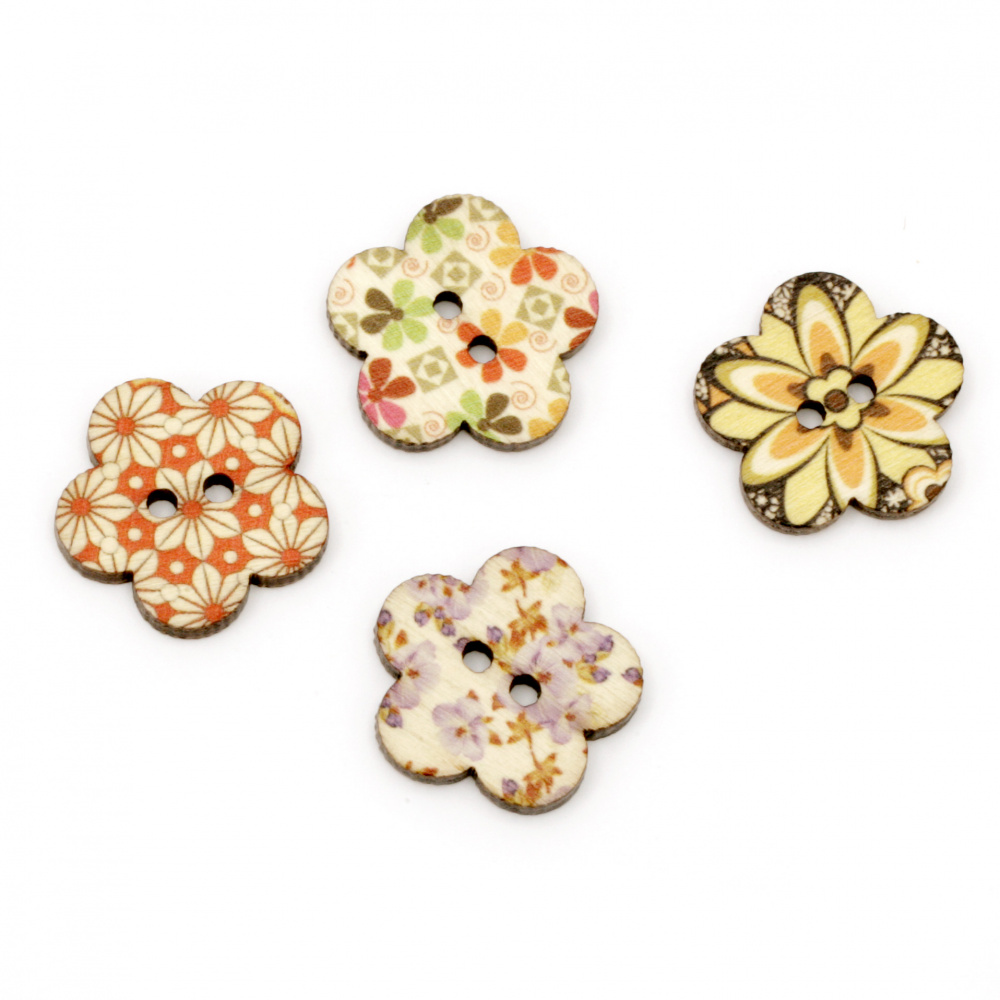 Flower shaped wooden button, flat with print 24x24x3 mm hole 3 mm mix - 10 pieces