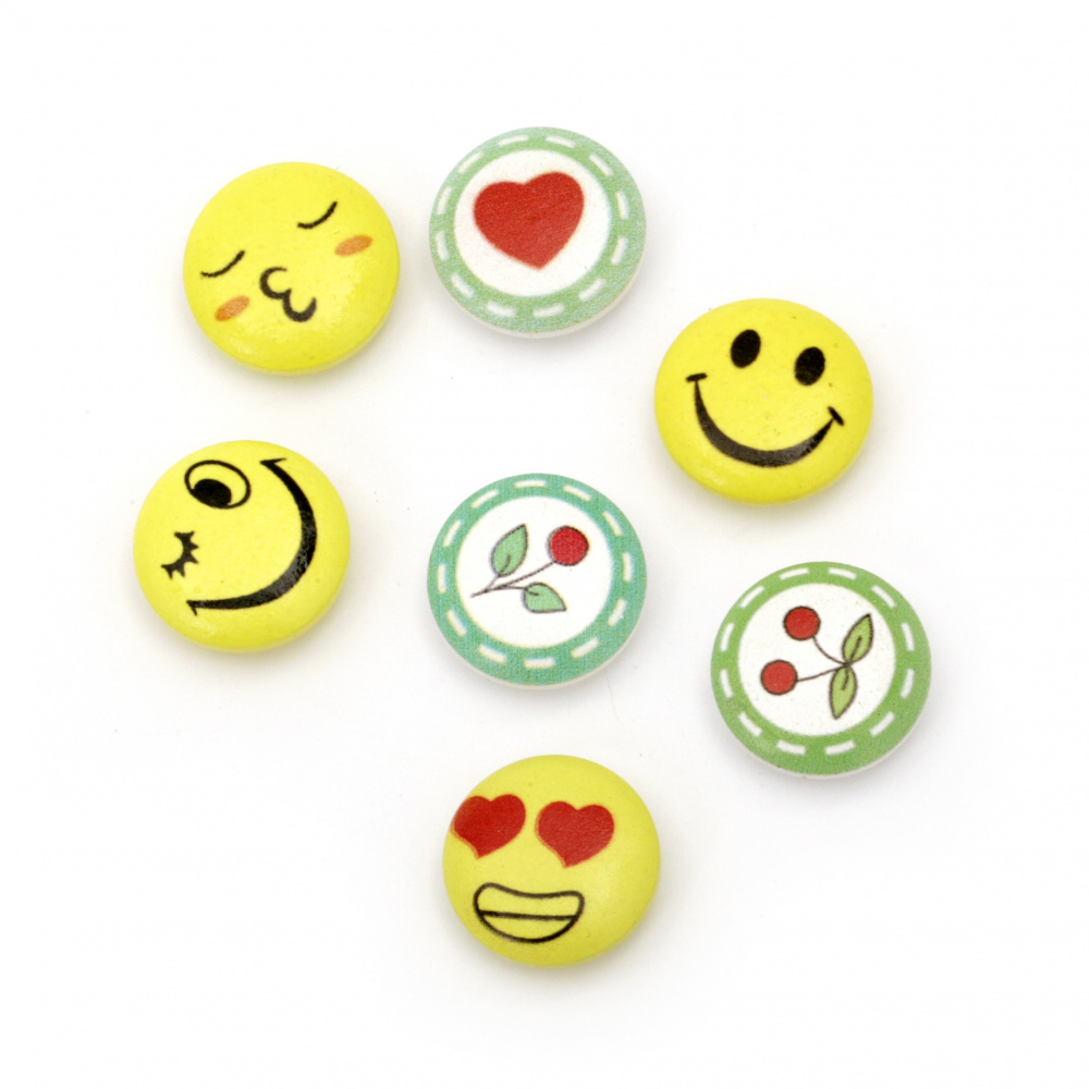Emoticon wooden button 20x20x7 mm hole 2 mm MIX -10 pieces