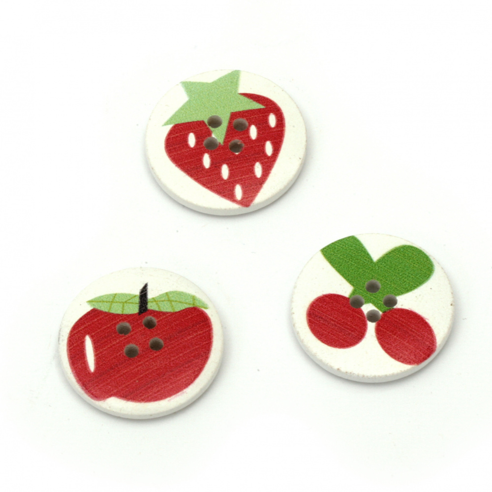Round Wooden Button with Prints of Fruits, 30x5 mm, Hole: 3 mm -5 pieces