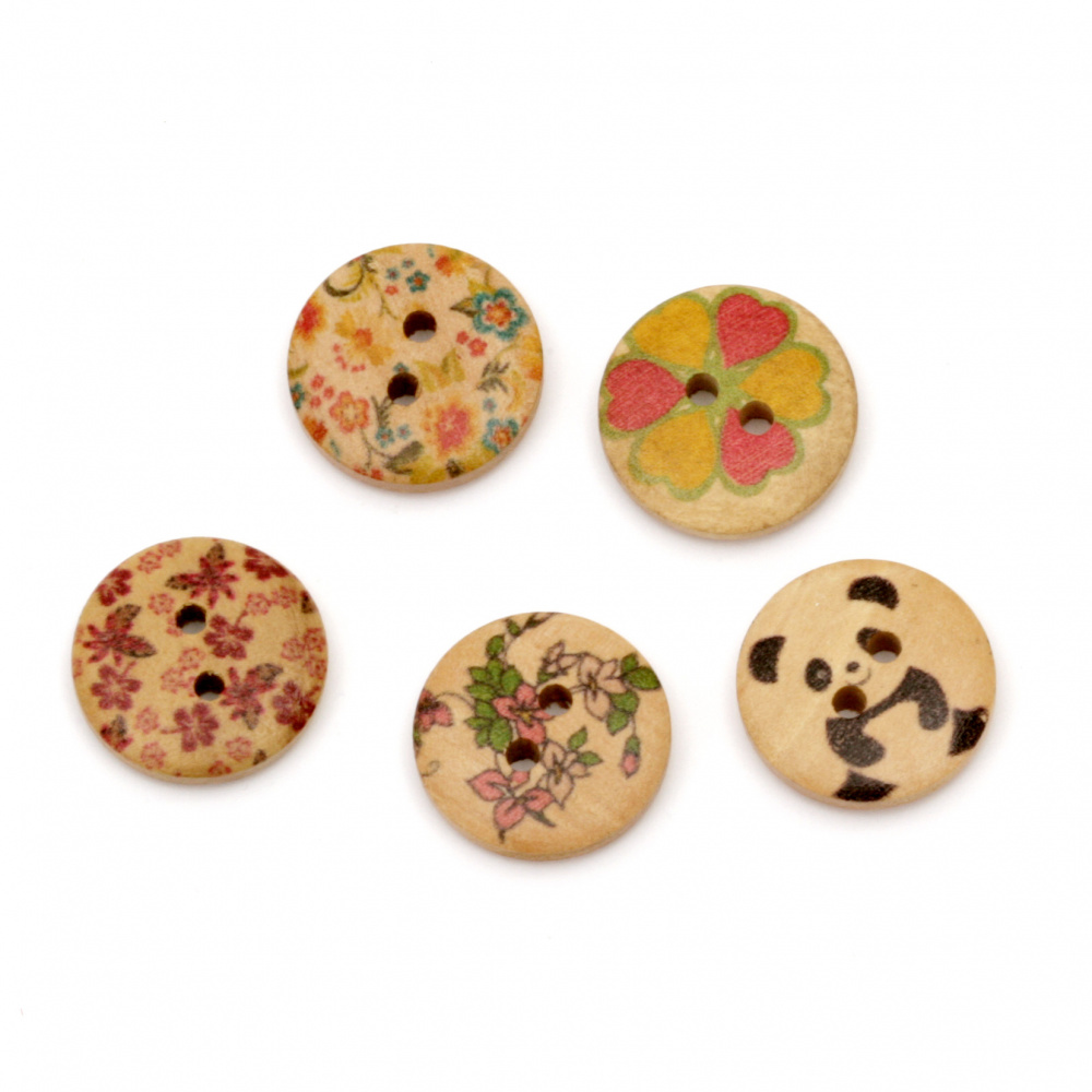 Round wooden button, flat with print 18x4 mm hole 2 mm mix - 10 pieces