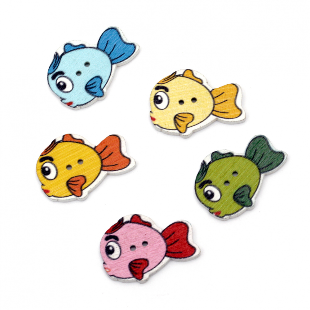 Fish wooden button, flat with print 19.5x28x3 mm hole 1.5 mm mix - 10 pieces