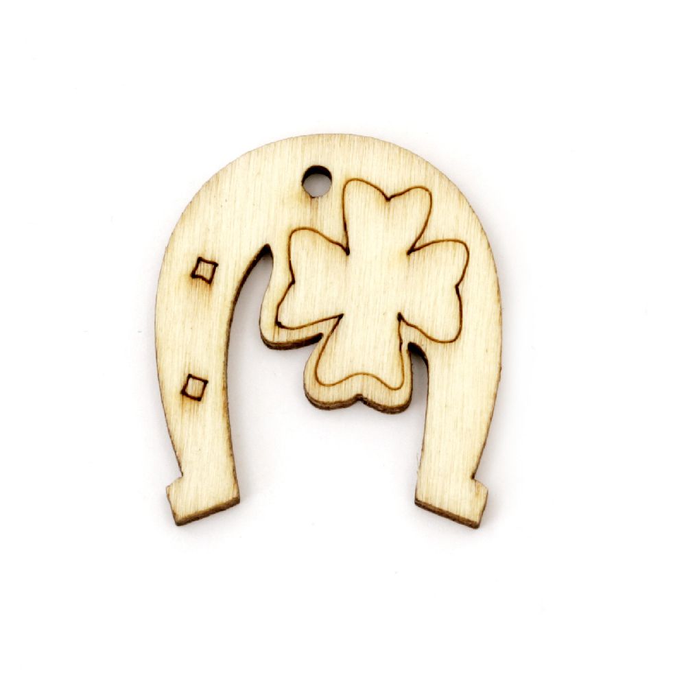 Wooden horseshoes with clover 29x26x3 mm hole 2 mm - 10 pieces