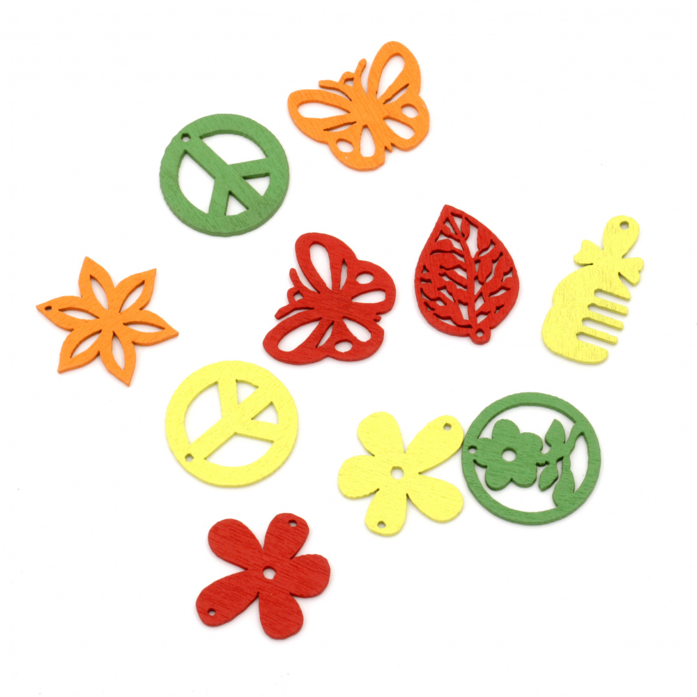 Colorful Assorted Wooden Pendants 25 mm MIX - 10 pieces