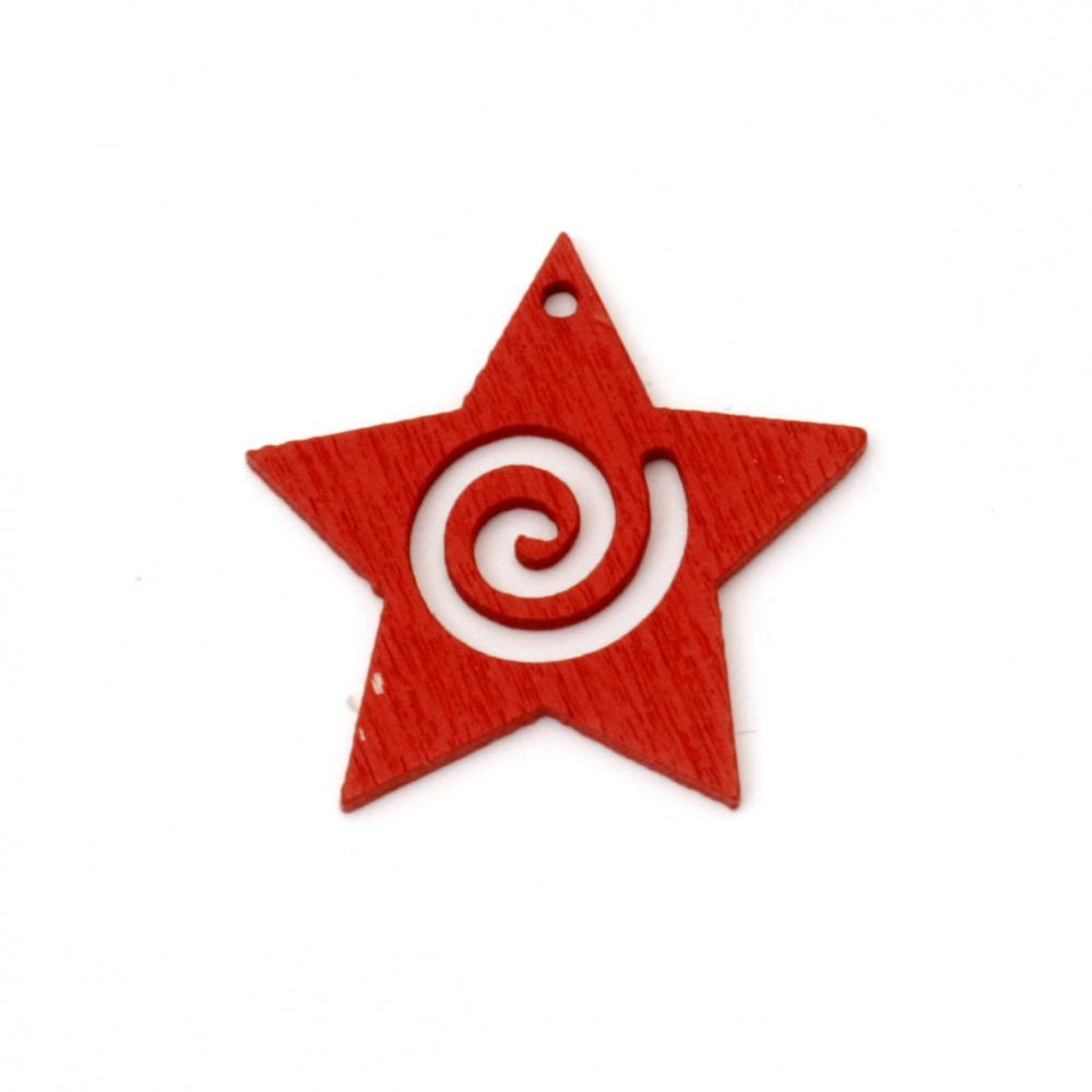 Wooden pendant star 30x31x2 mm hole 1 mm red - 10 pieces