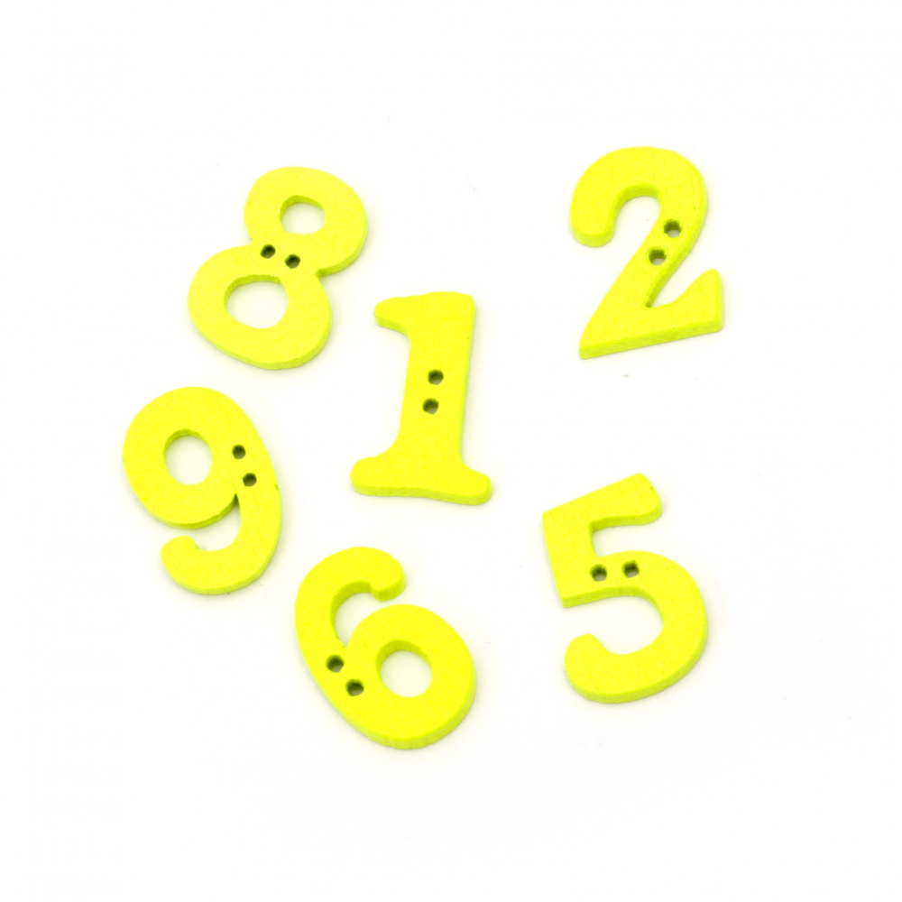 Копче дърво цифри 21x14~16x2~5 мм дупка 1 мм жълти -20 броя