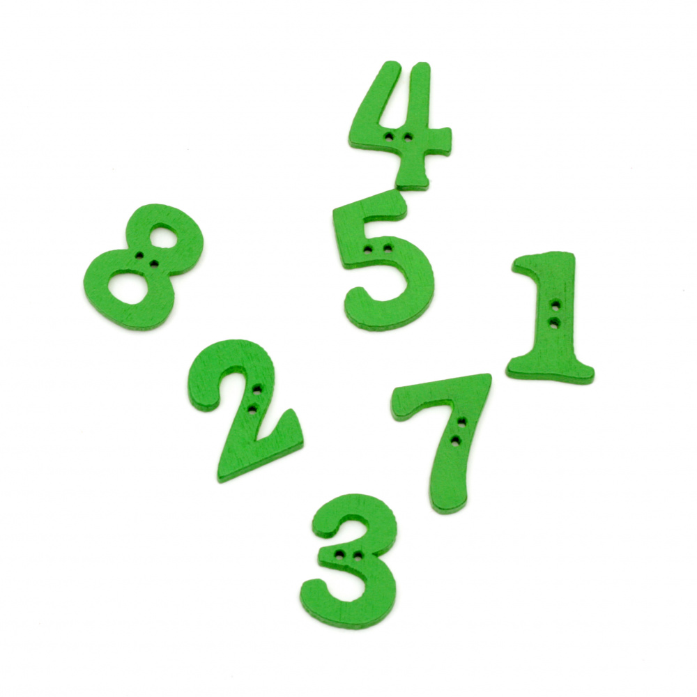 Копче дърво цифри 21x14~16x2~5 мм дупка 1 мм зелени -20 броя