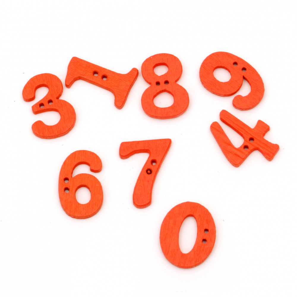 Копче дърво цифри 21x14~16x2~5 мм дупка 1 мм оранжеви -20 броя