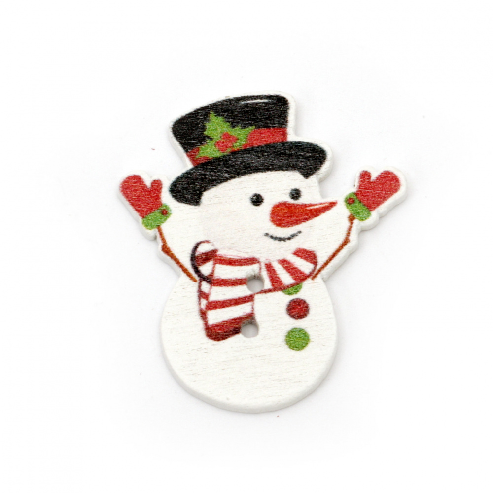 Snowman Wooden Button for Christmas Decoration, 35x30x2 mm, Hole: 1 mm -10 pieces