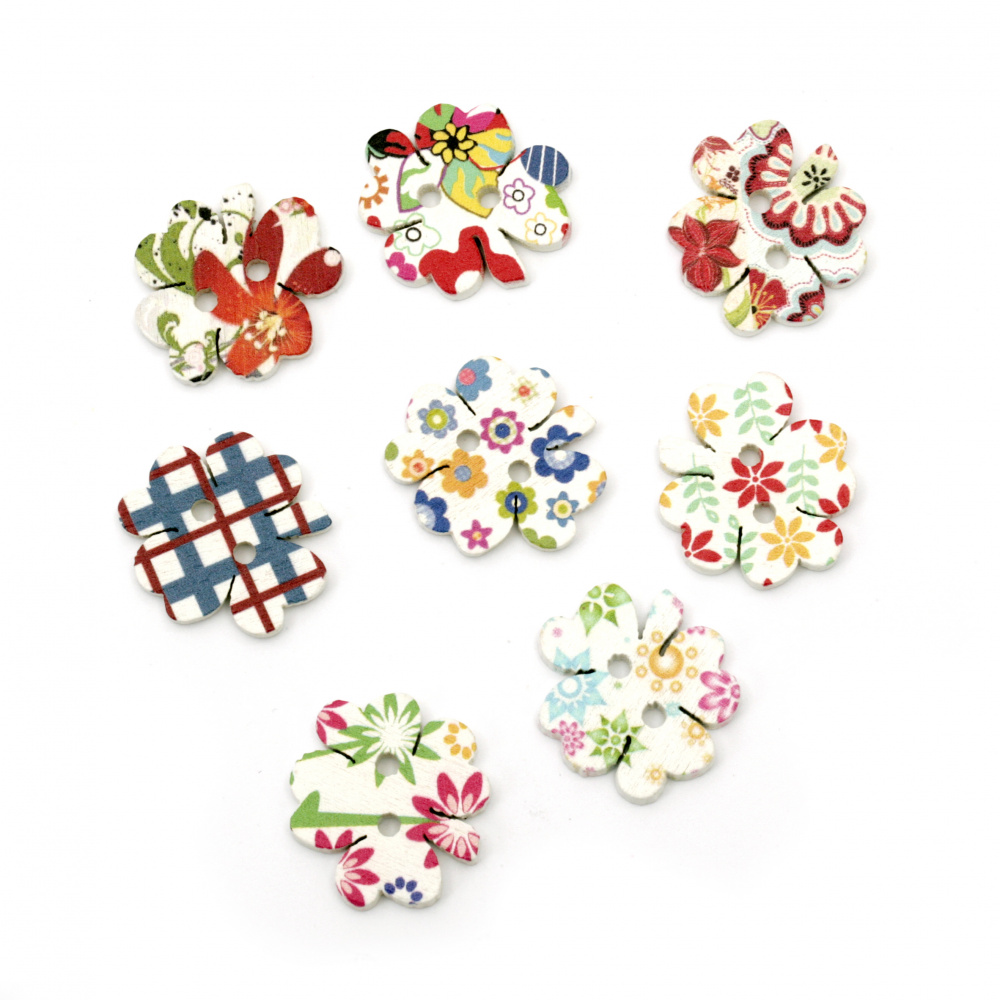 Wooden button clover with print 23x24x3 mm hole 3 mm mix - 10 pieces