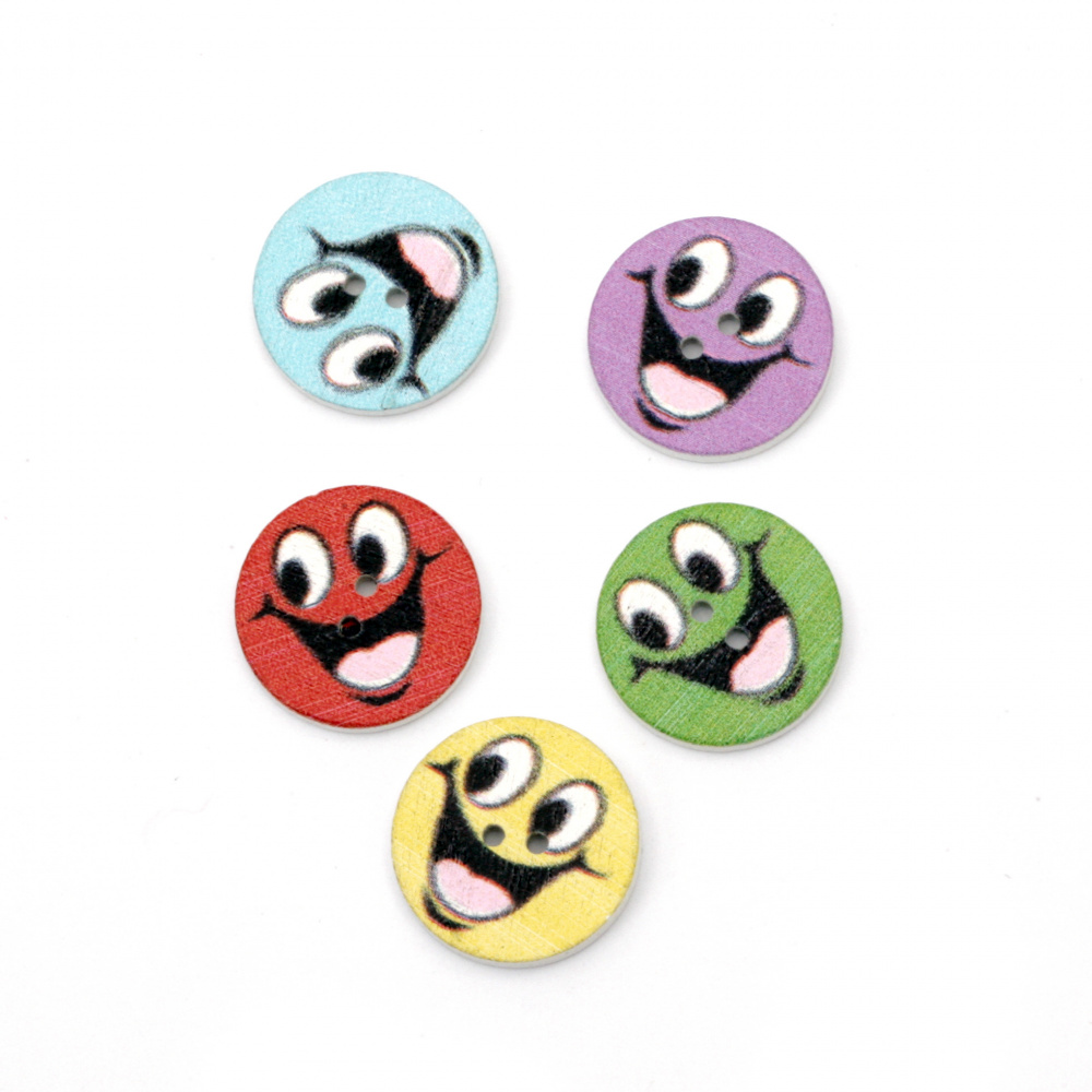Smiles wooden button, flat with print 27x2 mm hole 1 mm mix -10 pieces