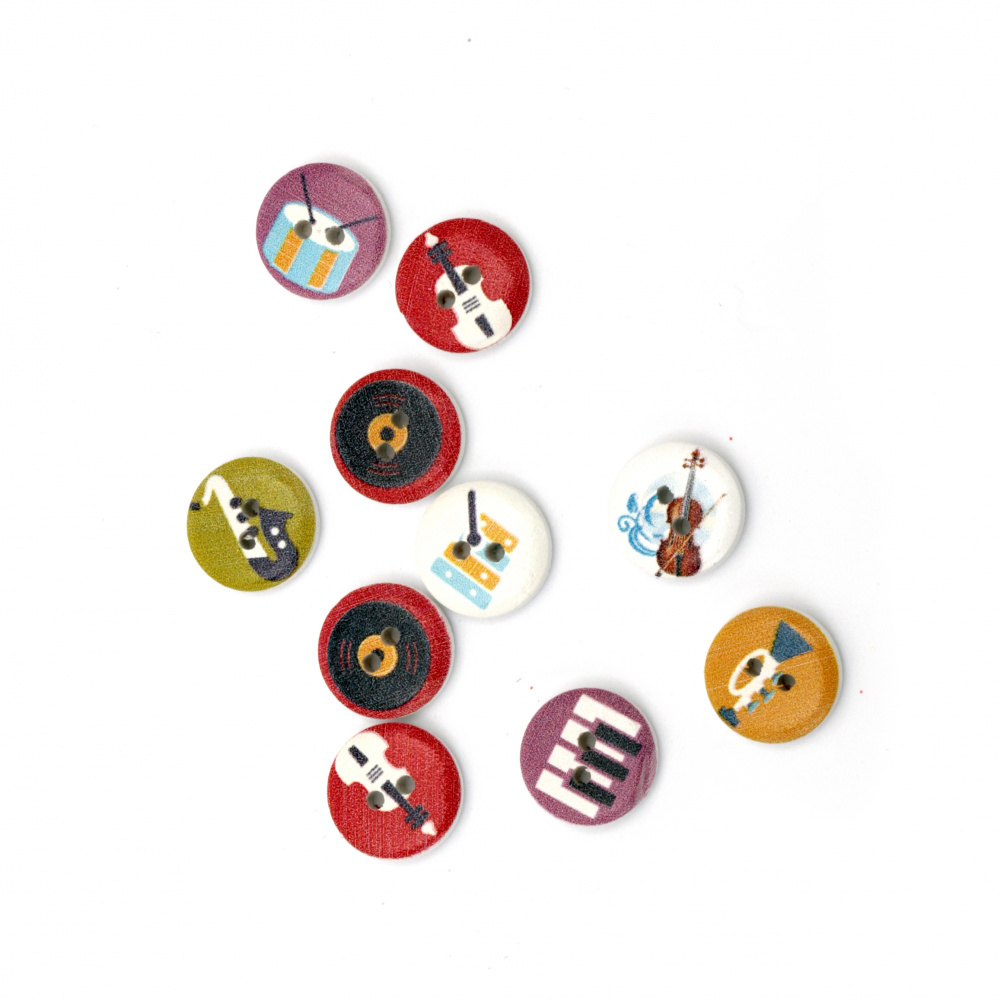 Round wooden button, flat with print 15x4 mm hole 2 mm mix - 10 pieces