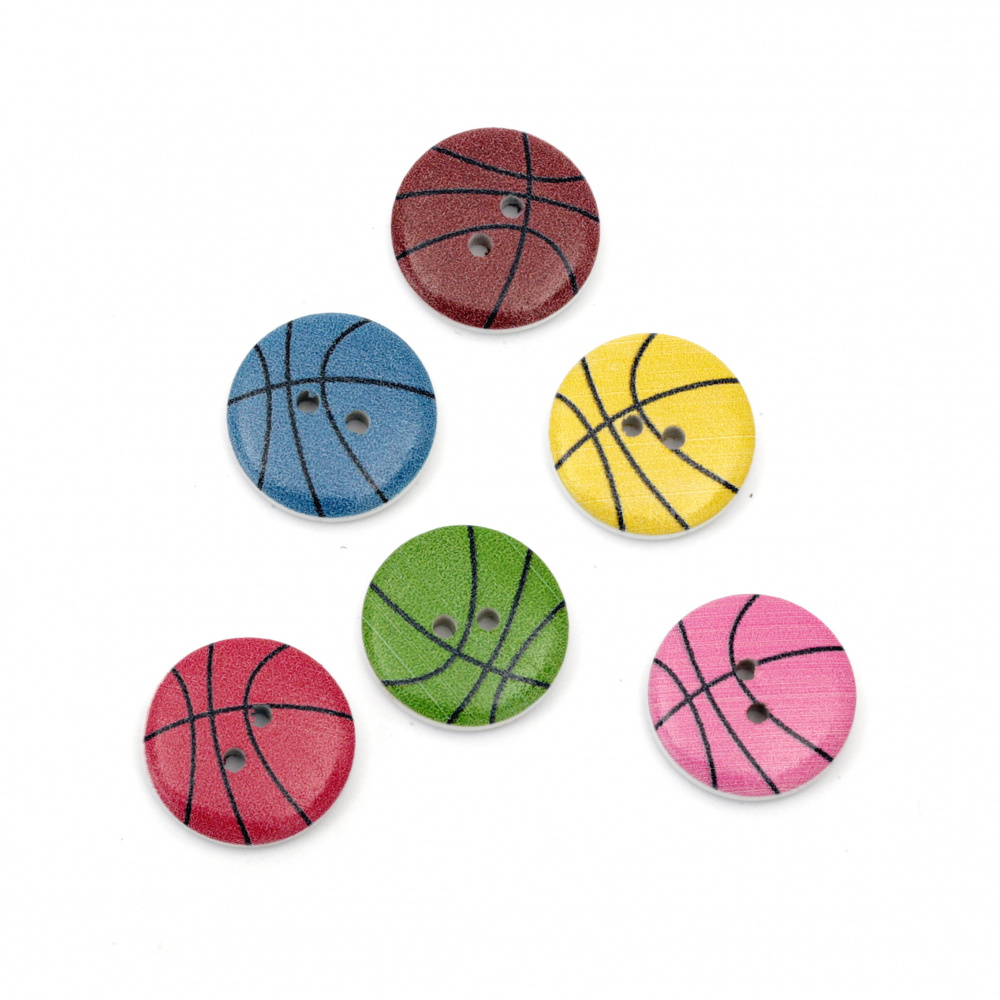 Round wooden button, flat with print  20x3 mm hole 2 mm mix - 10 pieces