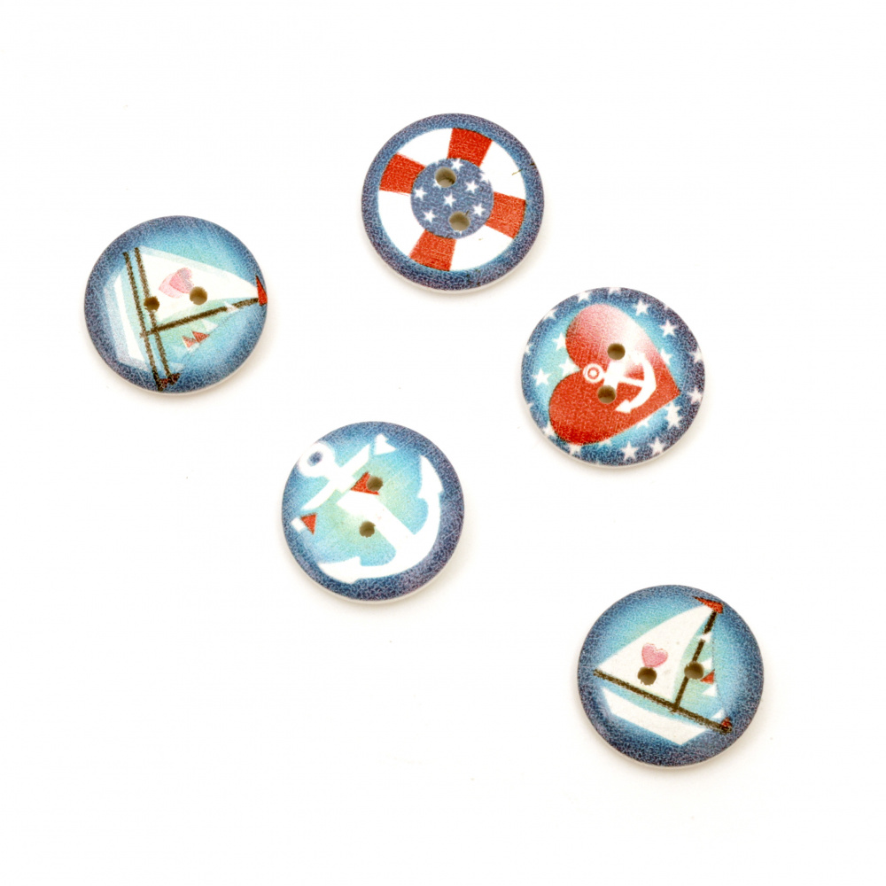 Round wooden button, flat with print 20x3 mm hole 2 mm mix - 10 pieces