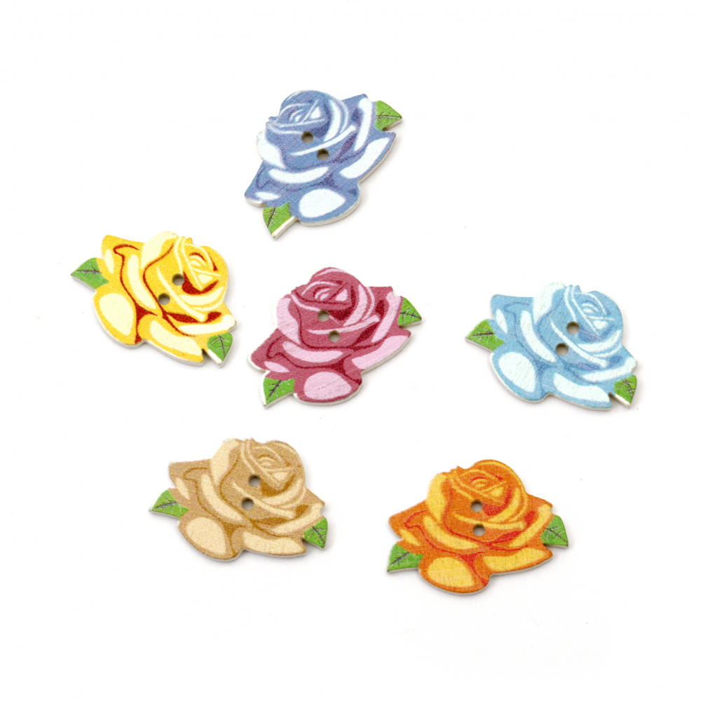 Rose wooden button, flat with print 21x27x2 mm hole 2 mm mix - 10 pieces