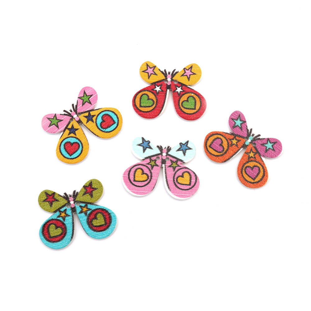 Butterfly shaped wooden button 25x32x2mm hole 1.5 mm mix - 10 pieces