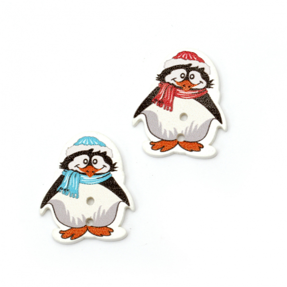 Children Wooden Button / Penguin, 29x25x2 mm, Hole: 2.5 mm, MIX -10 pieces